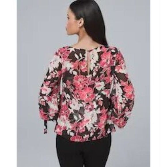 WHBM Black Red/Pink and White Tie-Sleeve Floral Blouse 2 - Picture 2 of 7